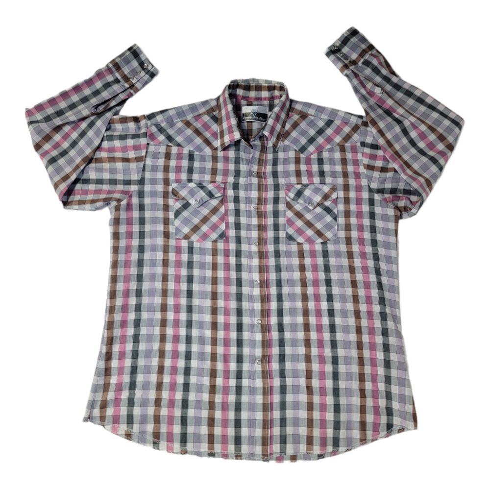 Ranch and Town Men's Pearl Snap Plaid Shirt Long Sleeves Gray and Pink Size XL